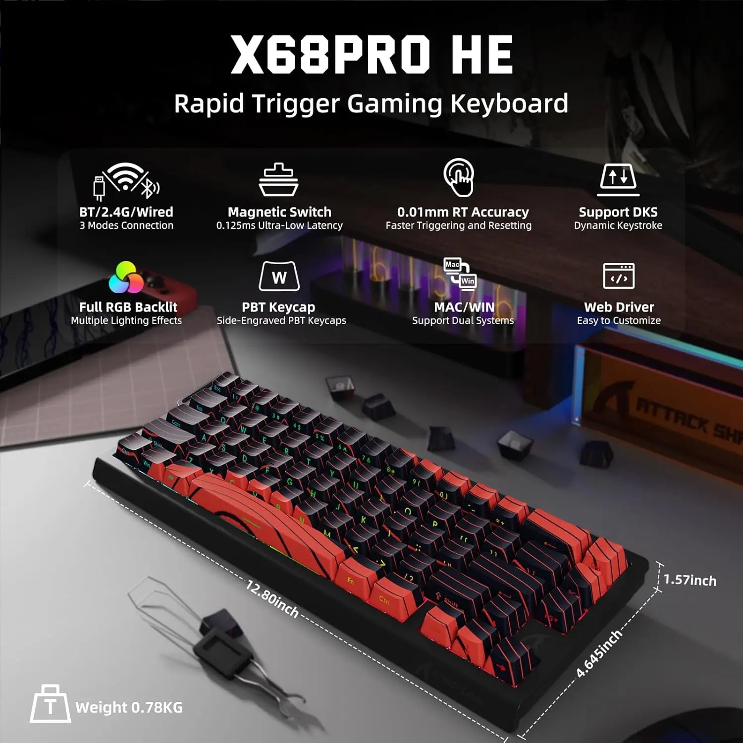Gaming Keyboard Hot Swappable - ATTACK SHARK X68 PRO HE Tastiera